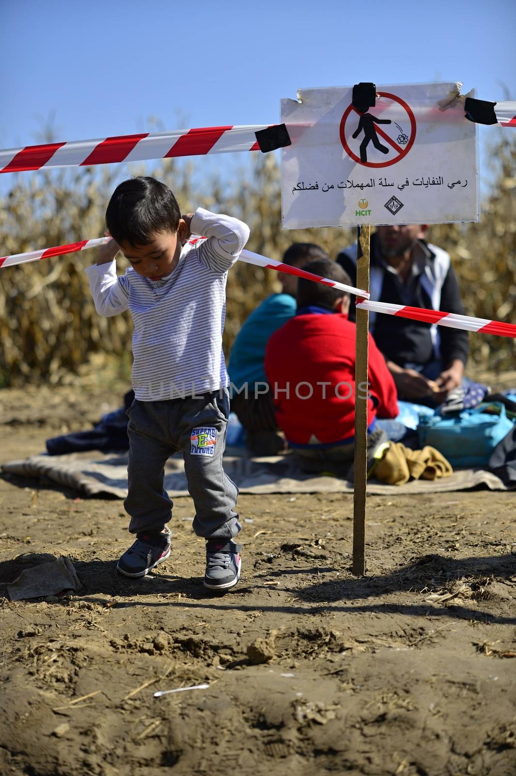 October 4, 2015; Bapska in Serbia. Group of refugees leaving Serbia. They came to Bapska by buses and then they leaving Serbia and go to Croatia and then to Germany. Many of them escapes from home because of civil war. 