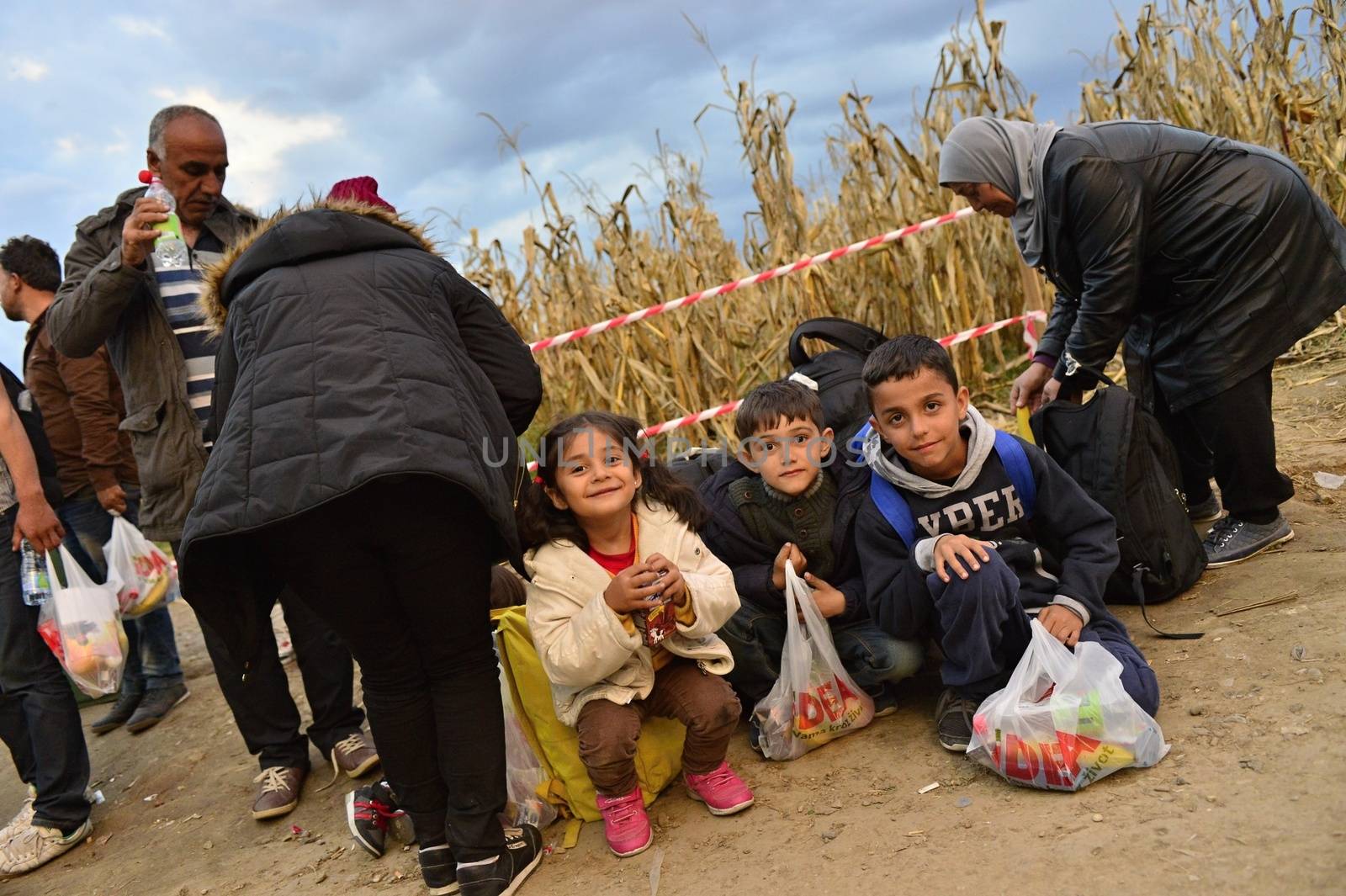 October 4, 2015; Bapska in Serbia. Group of refugees leaving Serbia. They came to Bapska by buses and then they leaving Serbia and go to Croatia and then to Germany. Many of them escapes from home because of civil war. 