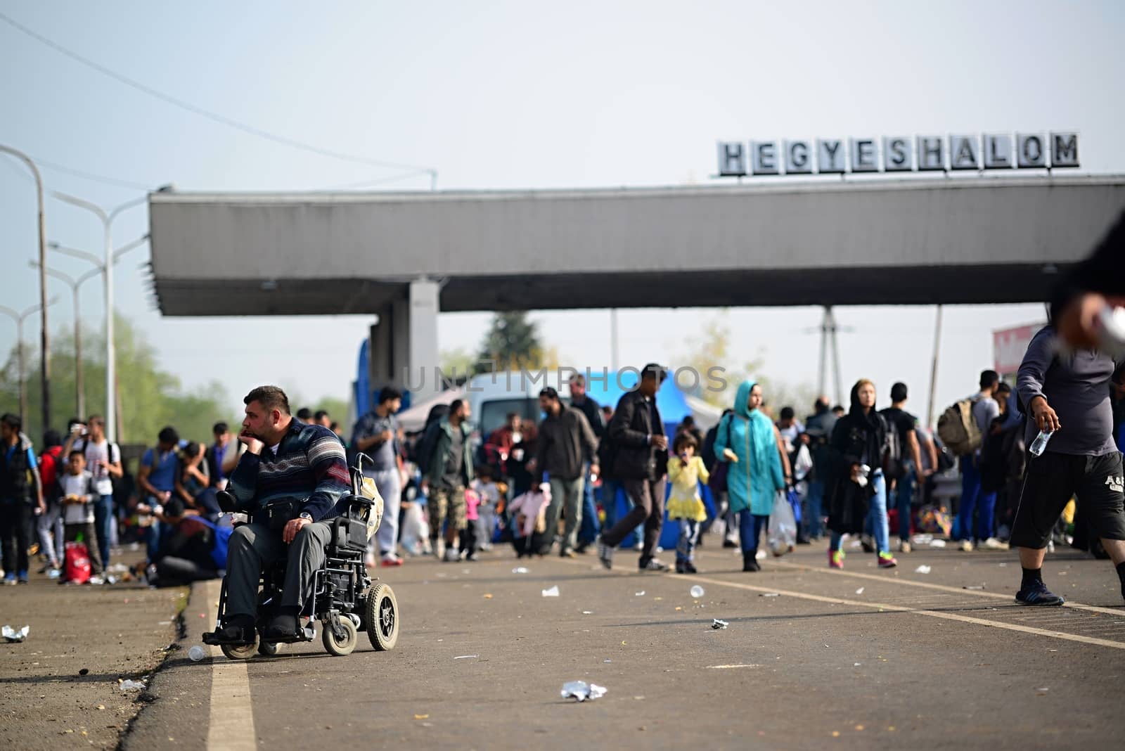 October 6,2015; Hegyeshalom in Hungary. Group of refugees leaving Hungary. They came to Hegyeshalom by train and then they leaving Hungary and go to Austria and then to Germany. Many of them escapes from home because of civil war. 