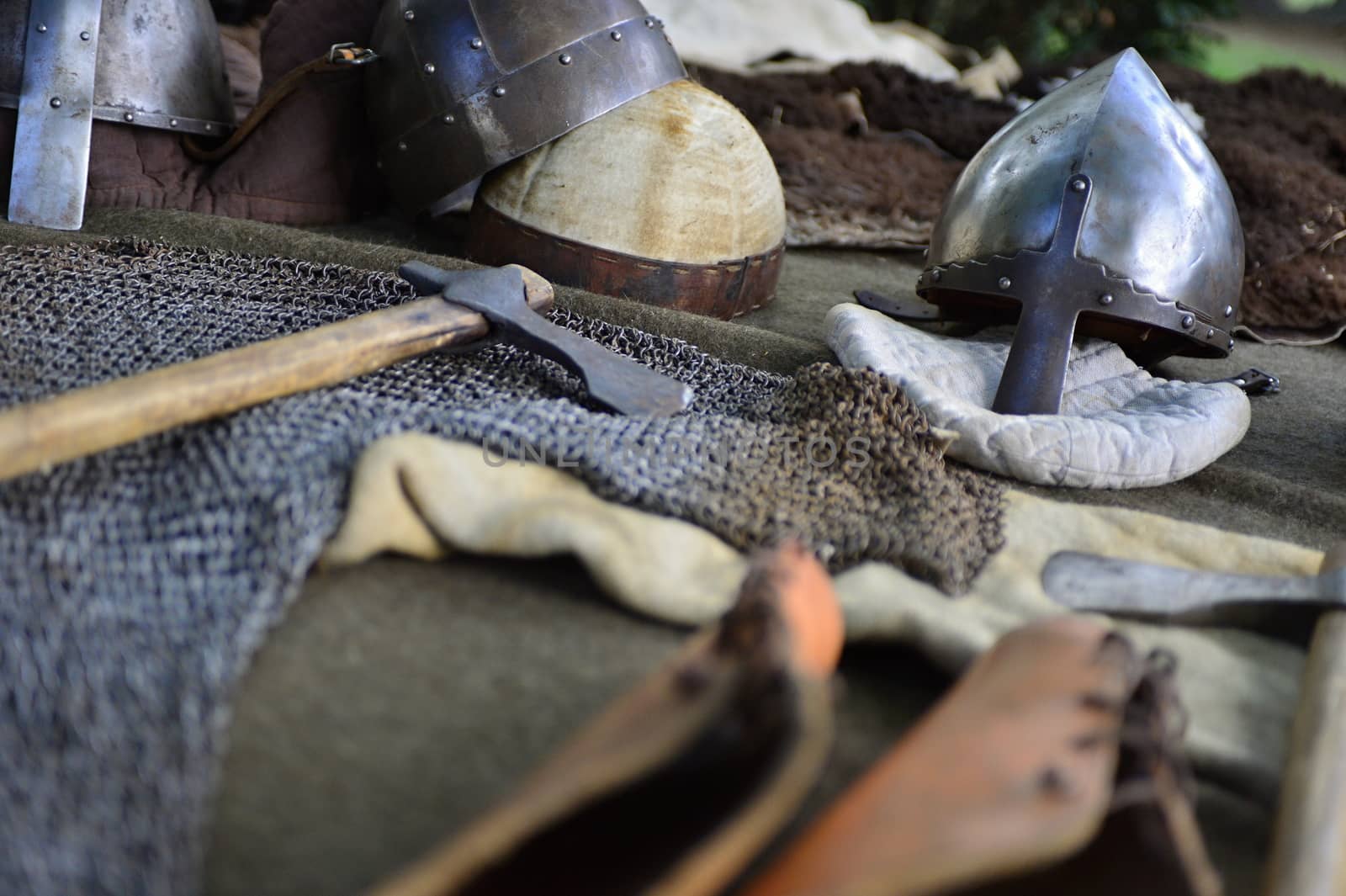 nice historical vintage helmet and axe from czech republic
