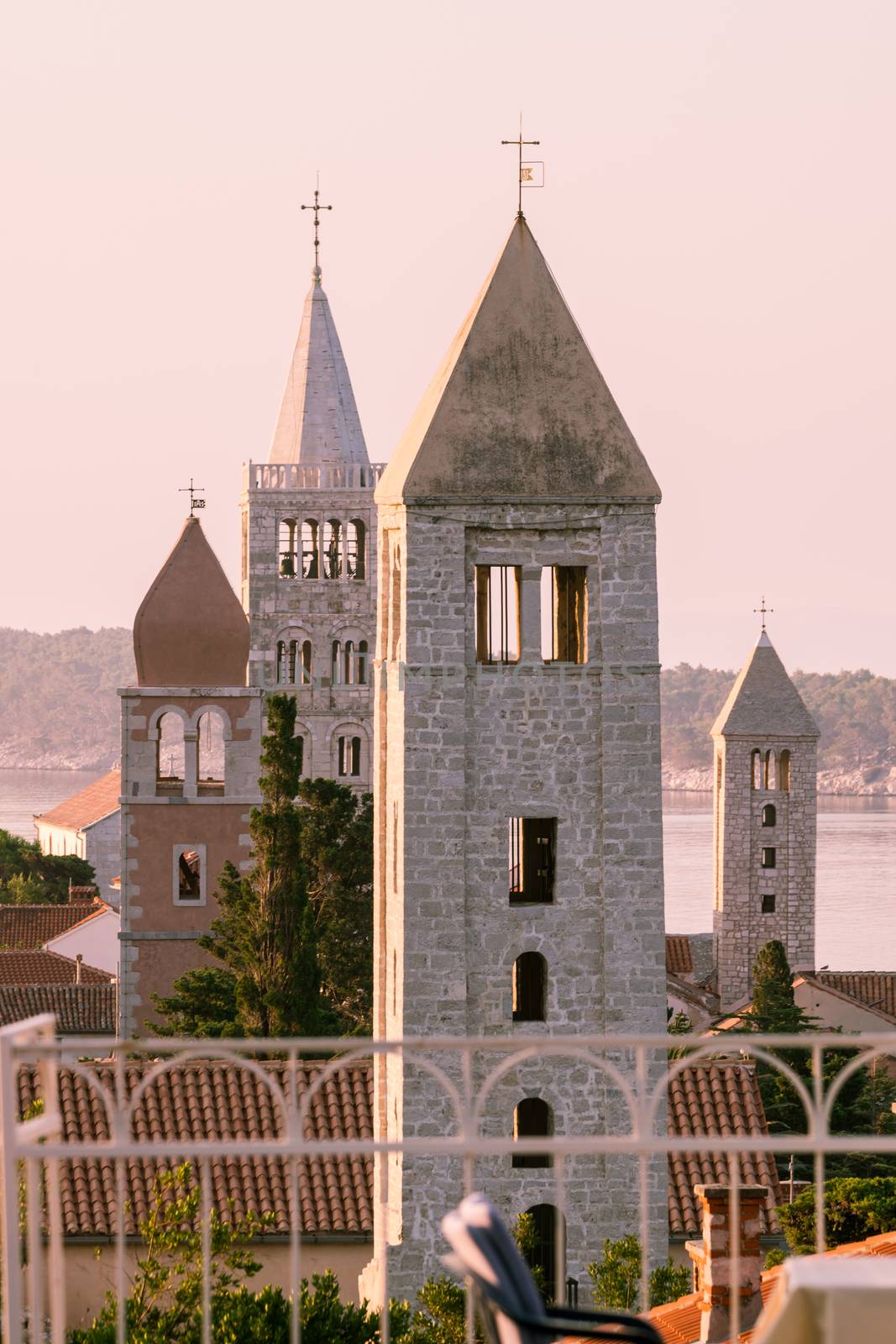 View of the town of Rab, Croatian tourist resort famous for its four bell towers.