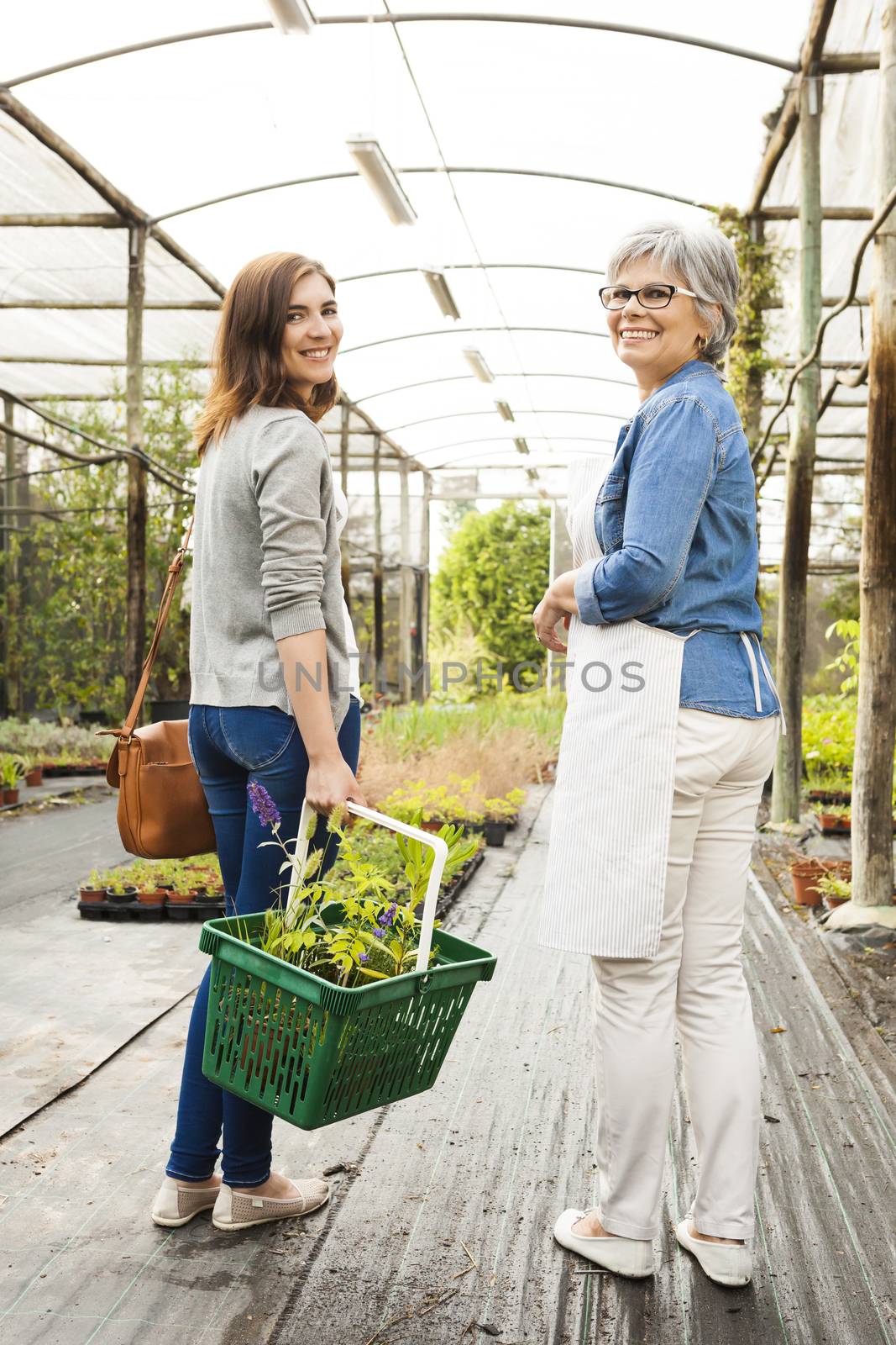 Florist and customer walking together in a greenhouse