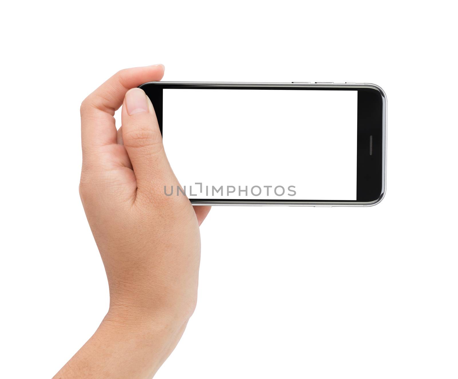 female hand holding phone white screen with clipping path inside by blackzheep