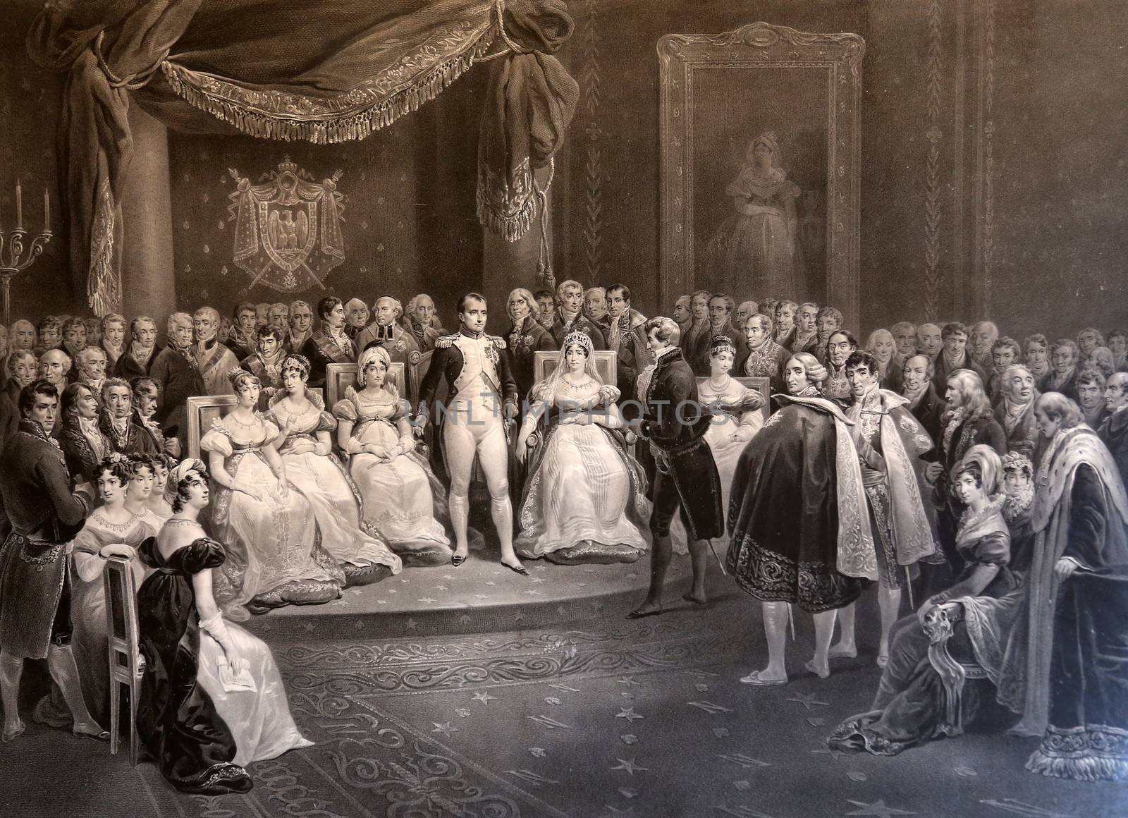 Napoleon surrounded by the most famous character of his age painting by Victor Adam now exhibited in the Villa dei Mulini, on May 03, 2014 Portoferraio, Italy