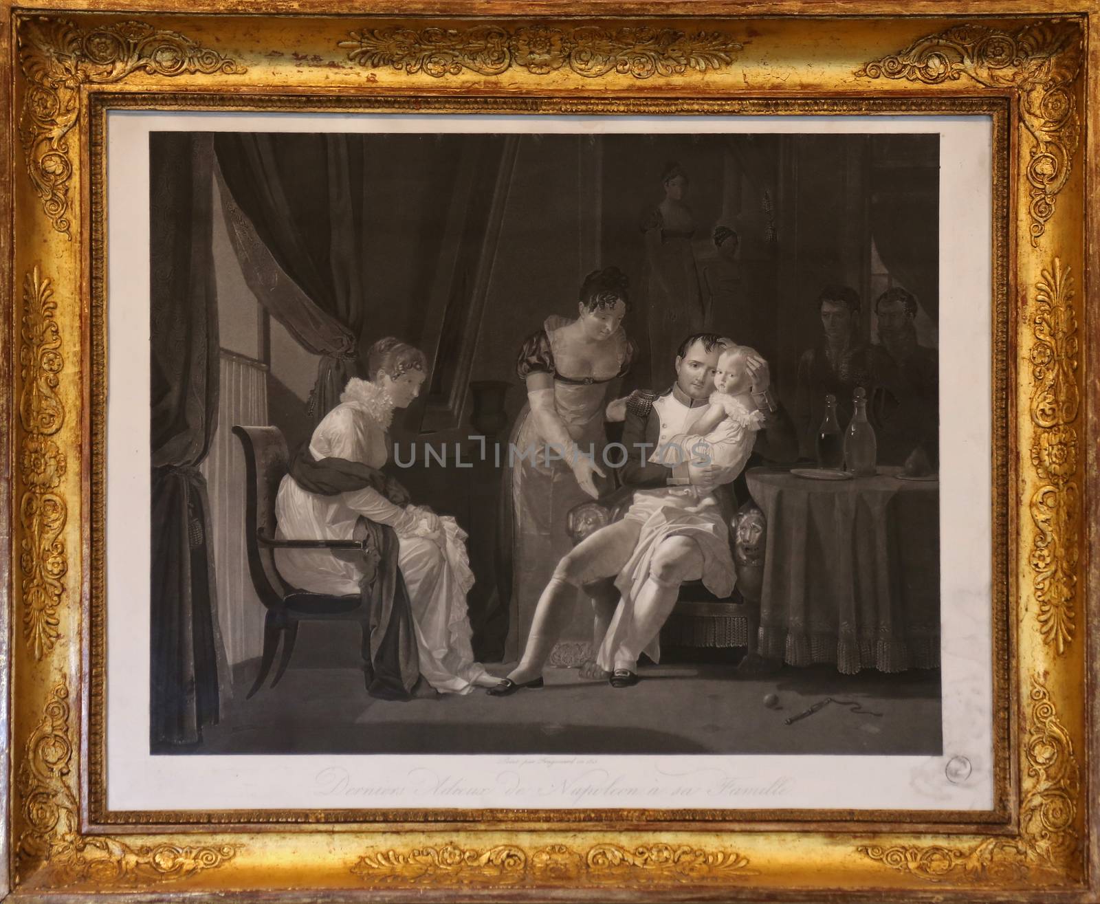 An engraved vintage illustration image of Napoleon Bonaparte with family now exhibited in the Villa dei Mulini, on May 03, 2014 Portoferraio, Italy