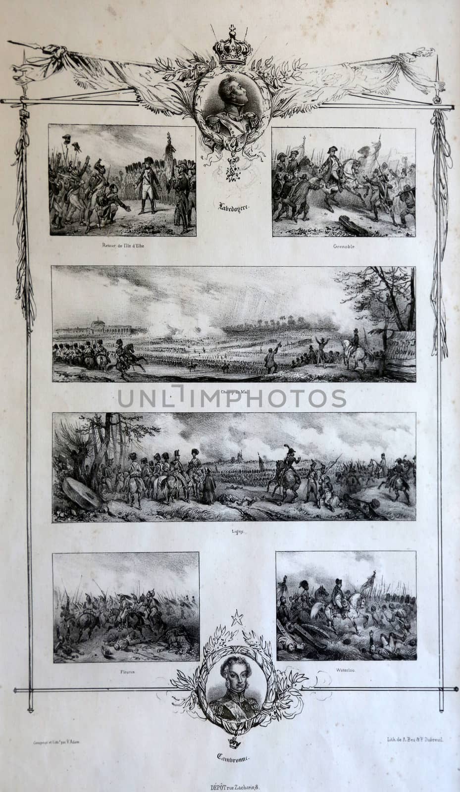 An engraved vintage illustration image of Napoleon Bonaparte in various battles that led now exhibited in the Villa dei Mulini, on May 03, 2014 Portoferraio, Italy
