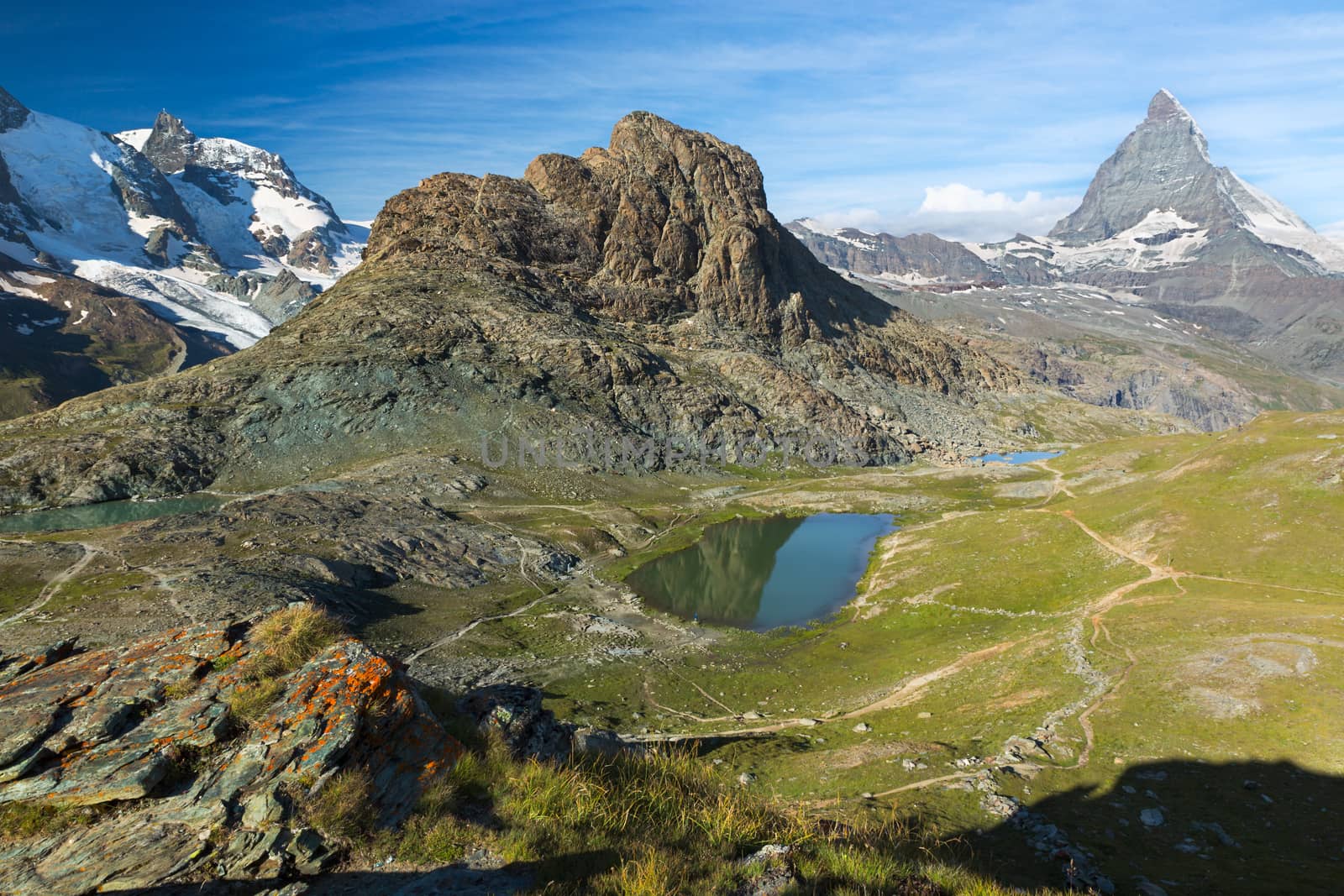 Panorama in Swiss Alps with Rifelsee and Matterhorn, Switzerland by fisfra