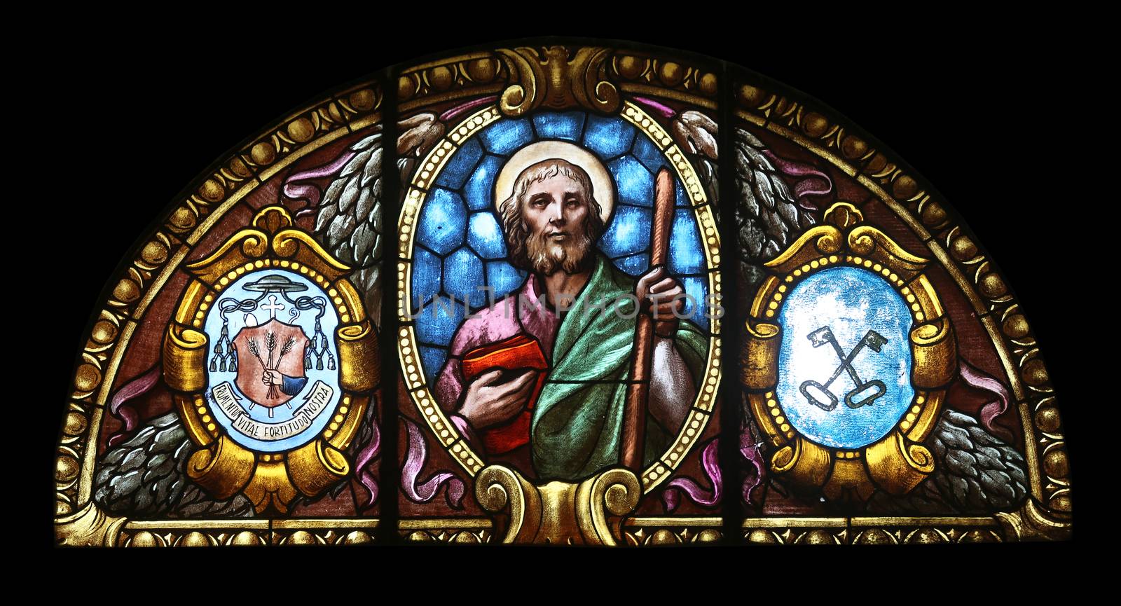 Stained glass window in the church of St. James the Greater in Porto Azzurro, Elba, Italy