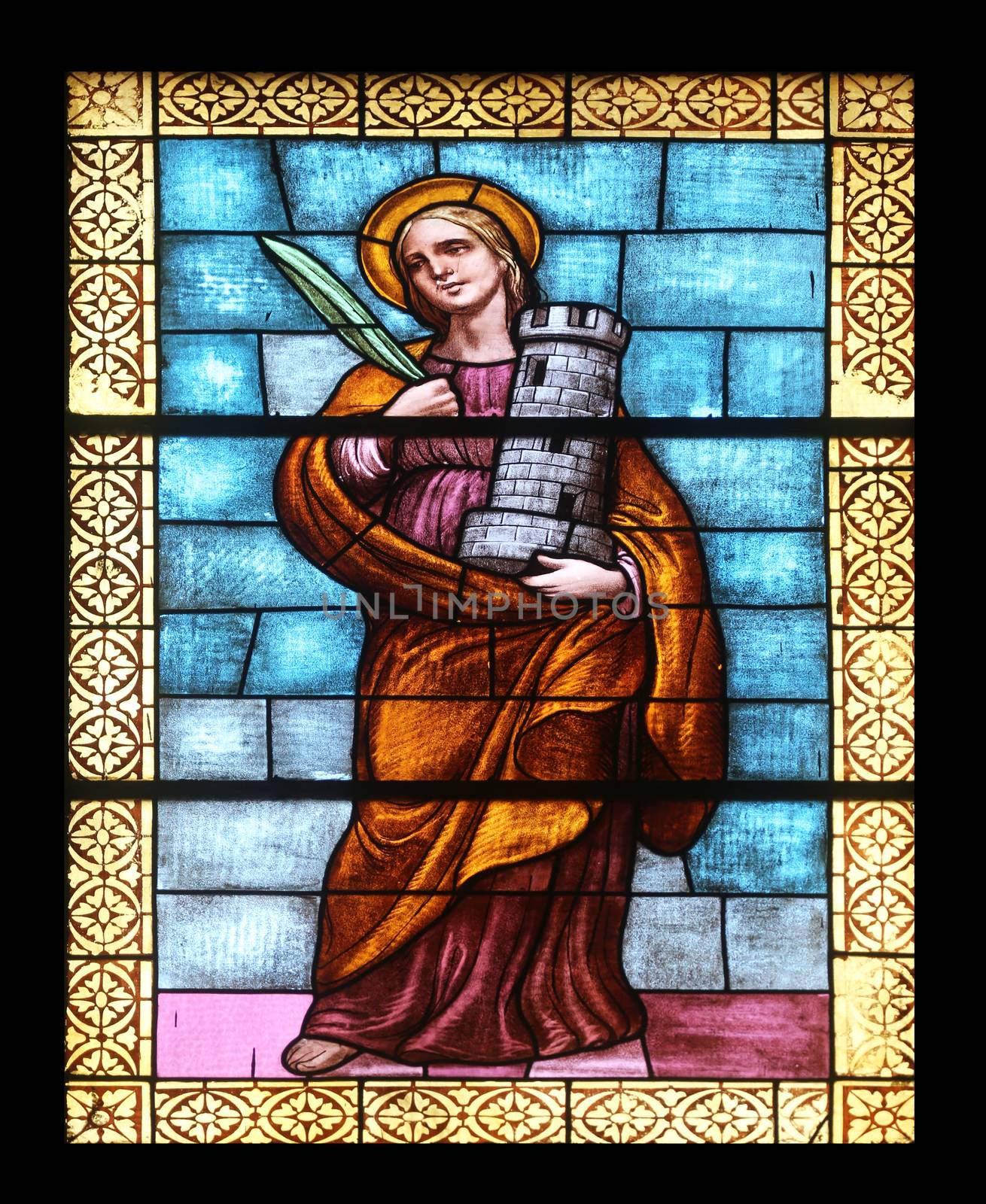 Saint Barbara, stained glass window in the church of St. James the Greater in Porto Azzurro, Elba, Italy