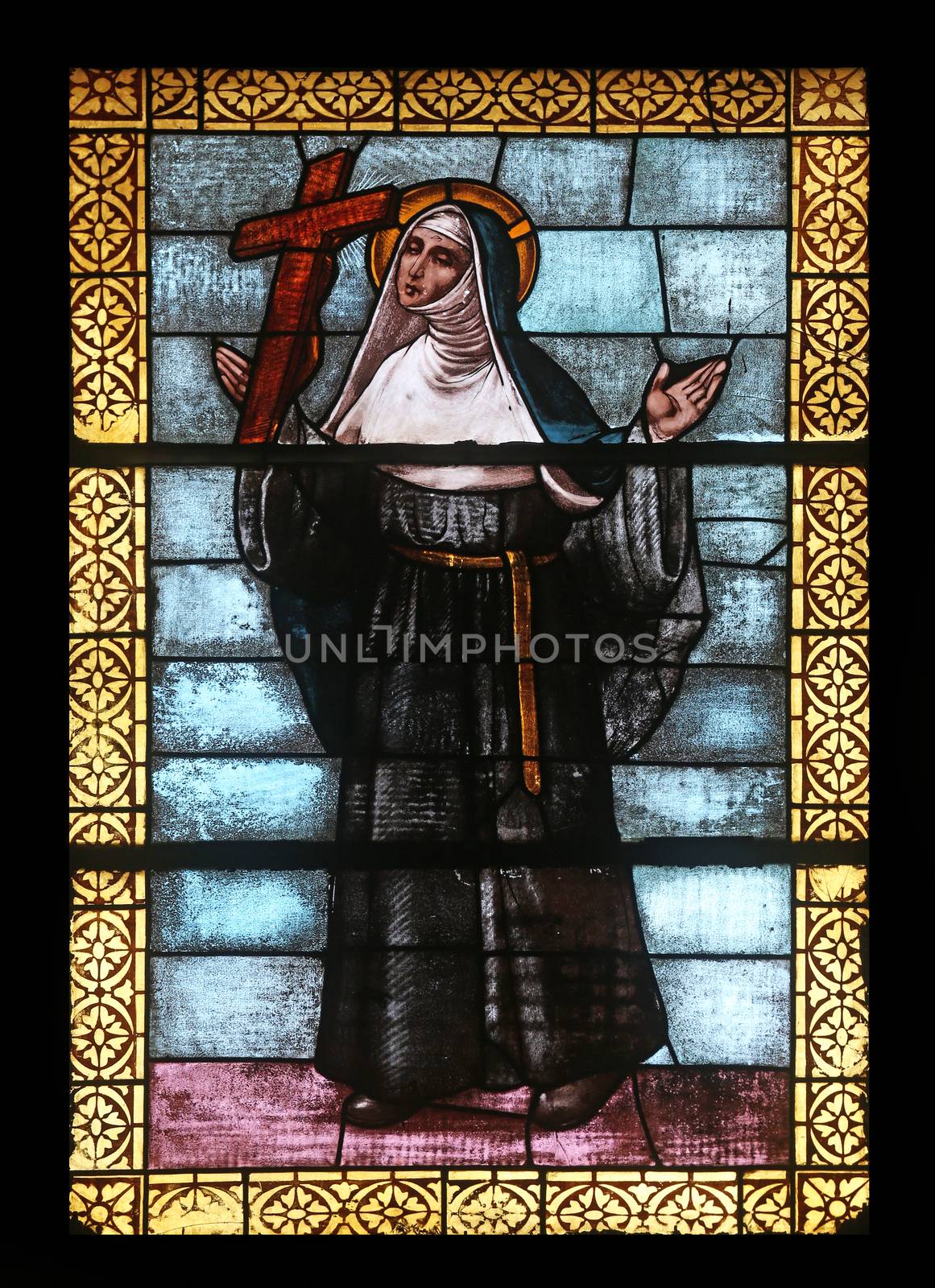 Stained glass window in the church of St. James the Greater in Porto Azzurro, Elba, Italy