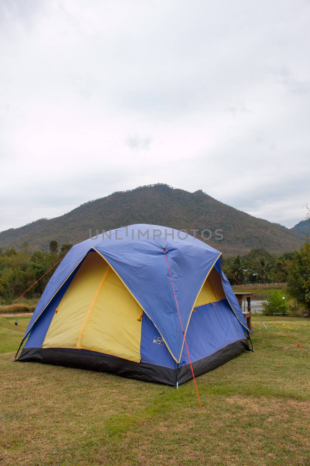 Tourist tent in camp among meadow in the mountain