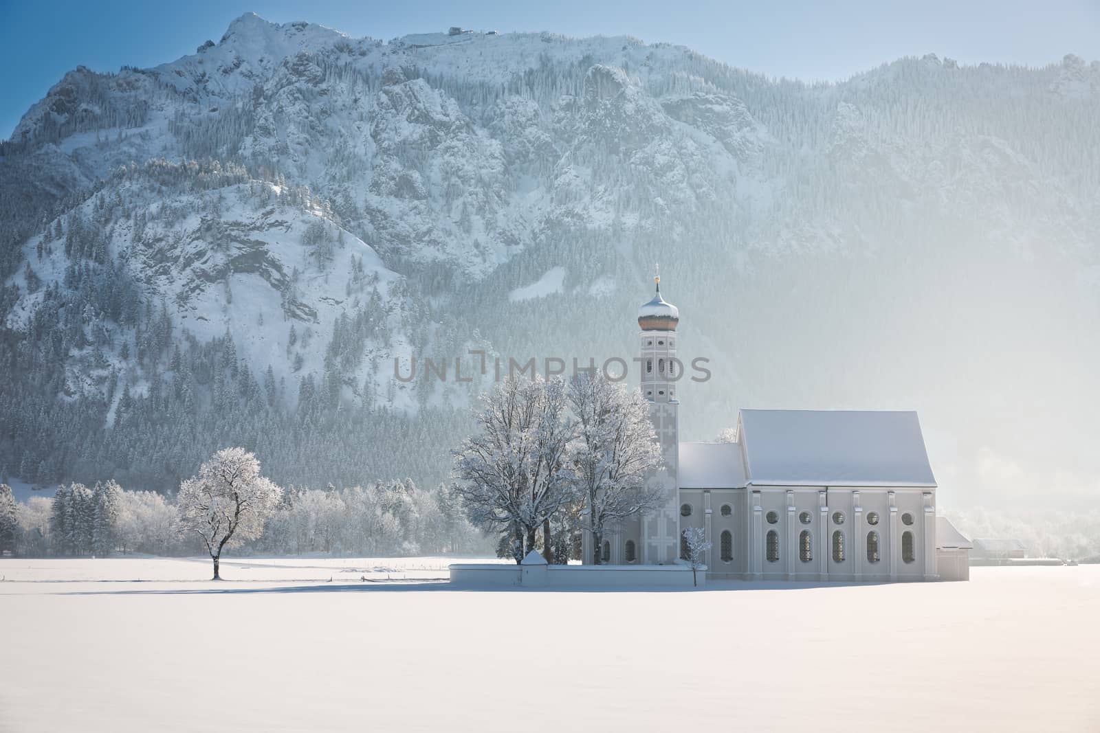St. Coloman with trees in wintery landscape, Alps, Germany by fisfra