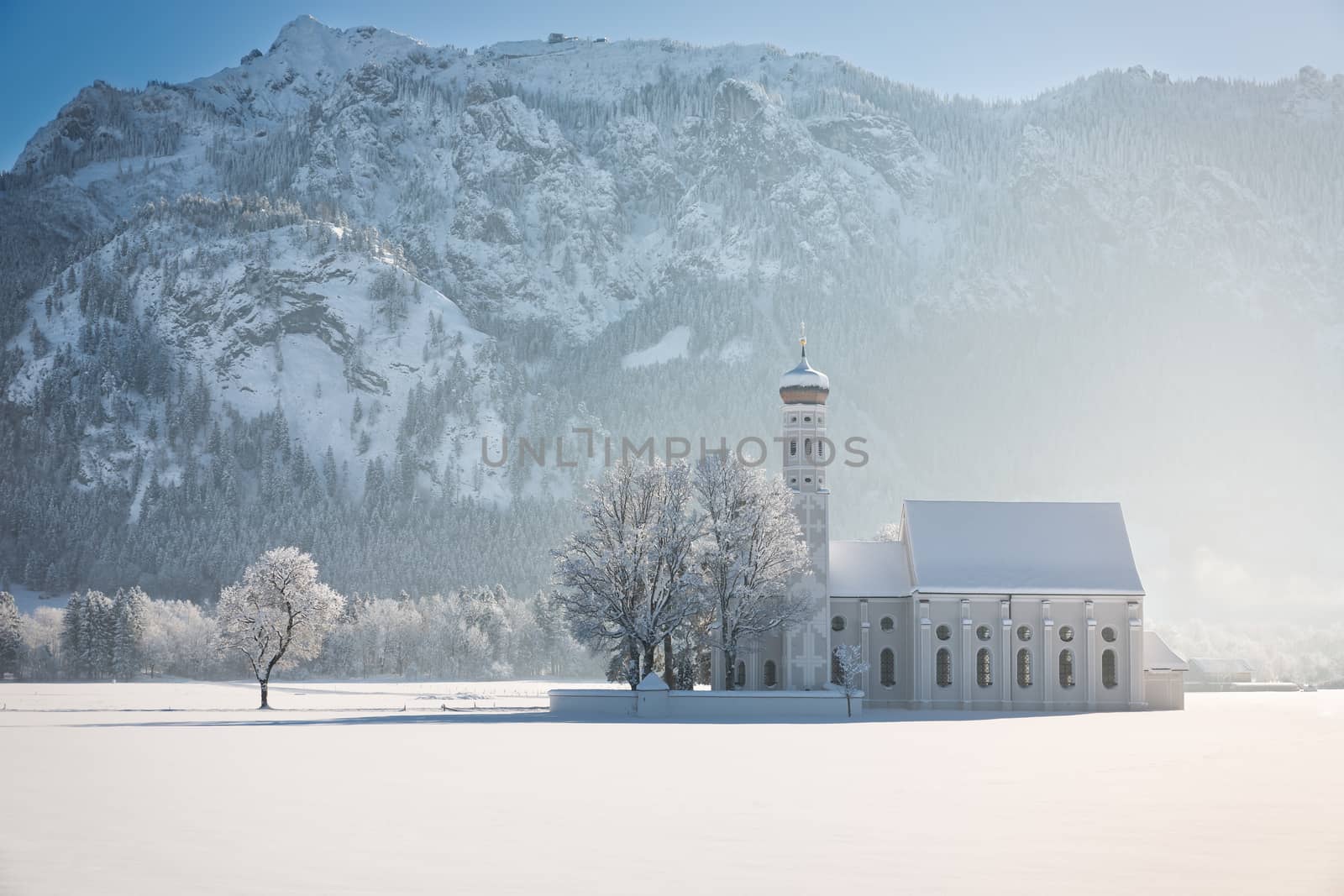 St. Coloman with trees in wintery landscape, Alps, Germany