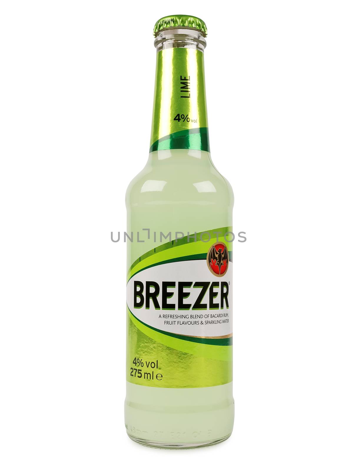 PULA, CROATIA - JANUARY 23, 2016: Bacardi Breezer Lime. Breezer a refreshing blend of alcohol, Bacardi rum, fruit flavours & sparkling water alc.4% 275ml. 