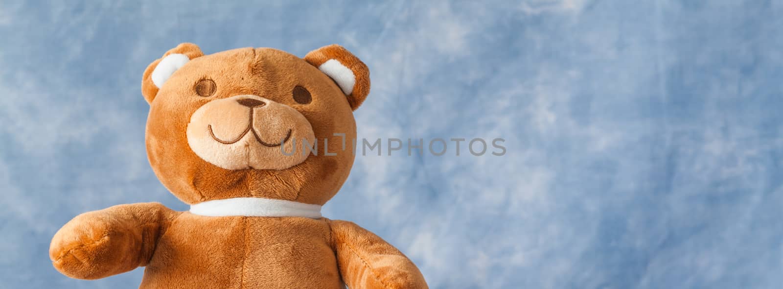 Teddy Bear toy on blue sky background with copyspace