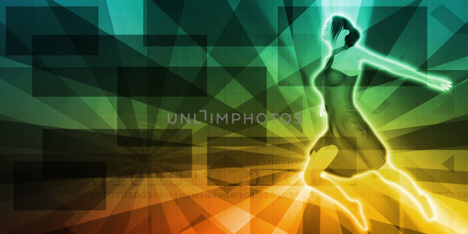 Colorful 3D Female Model Gliding on Abstract Background