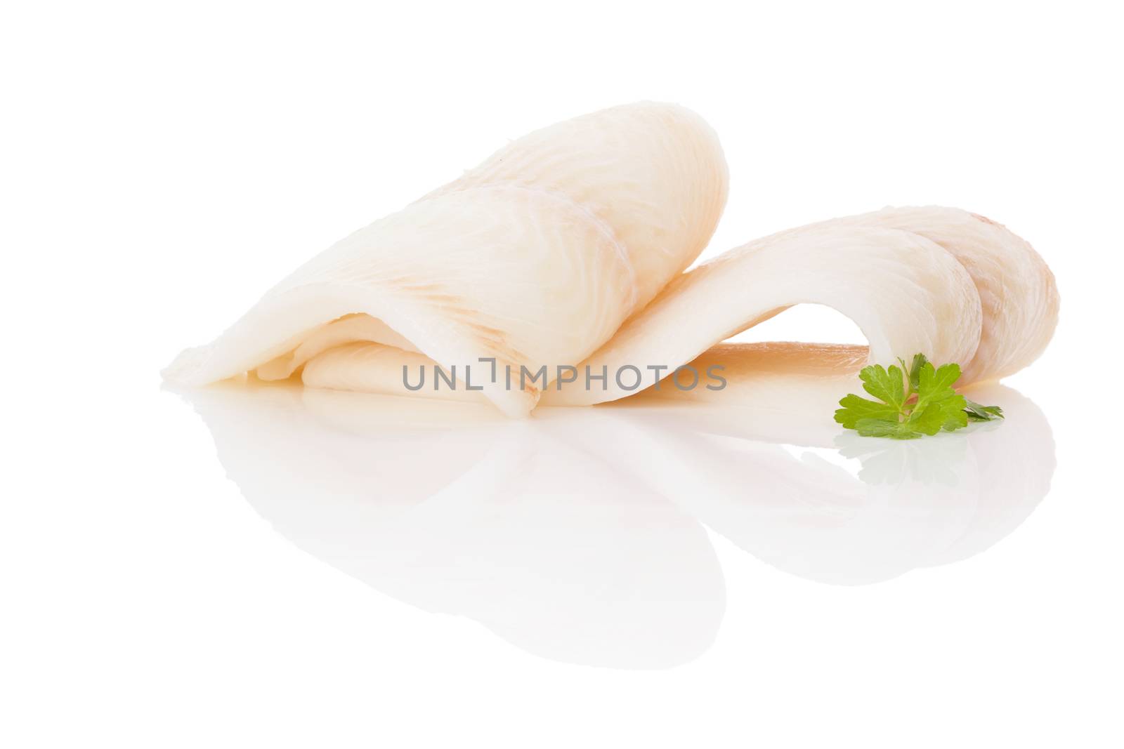 Raw fresh halibut steak isolated on white background. Culinary healthy seafood eating. 