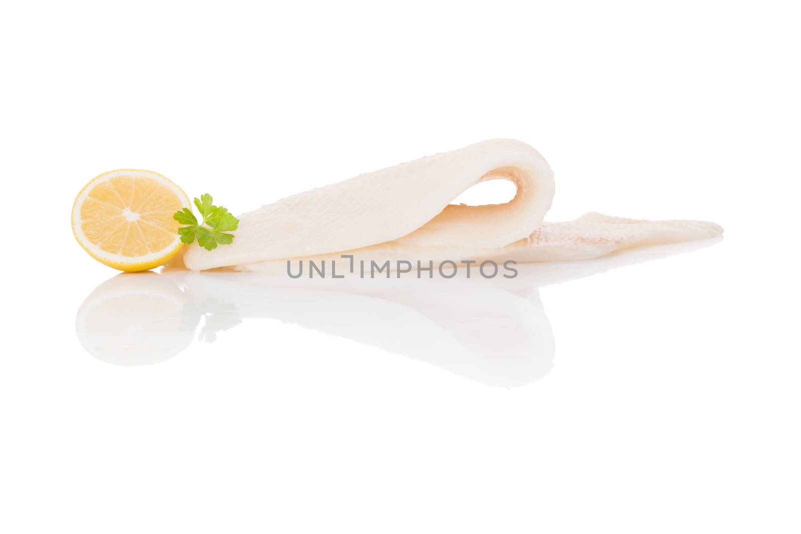 Raw fresh halibut steak isolated on white background. Culinary healthy seafood eating. 