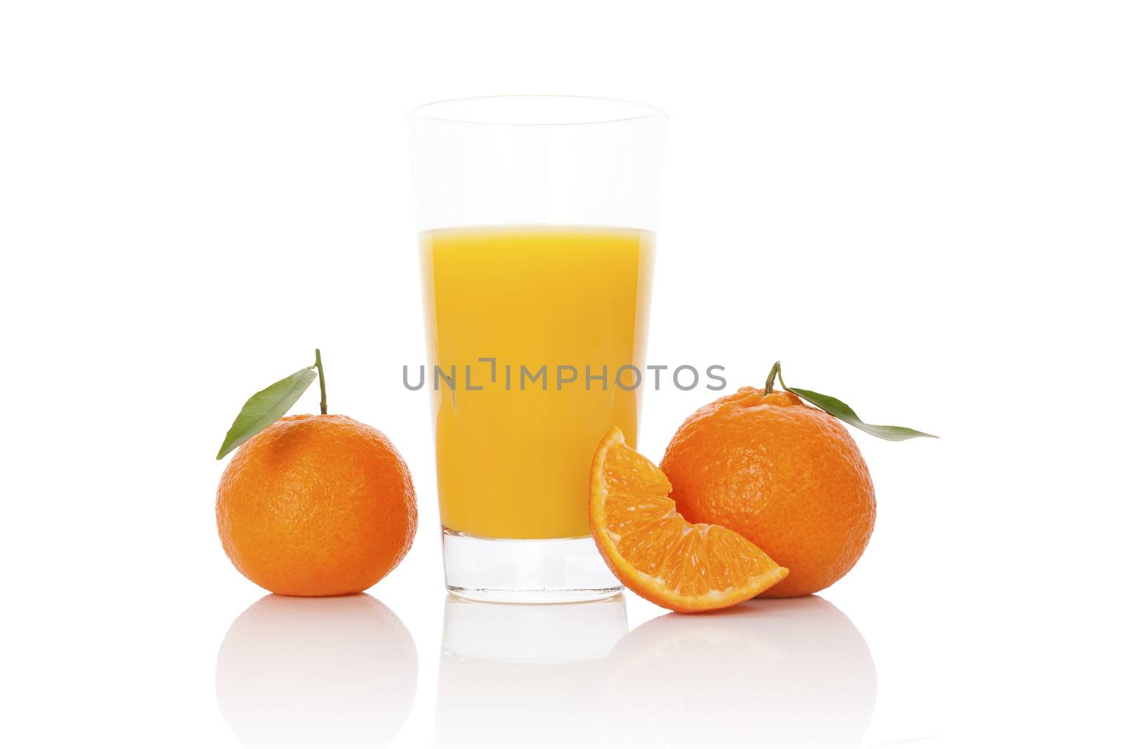 Fresh tangerine juice and ripe mandarin isolated on white background. Healthy fresh fruit juice.