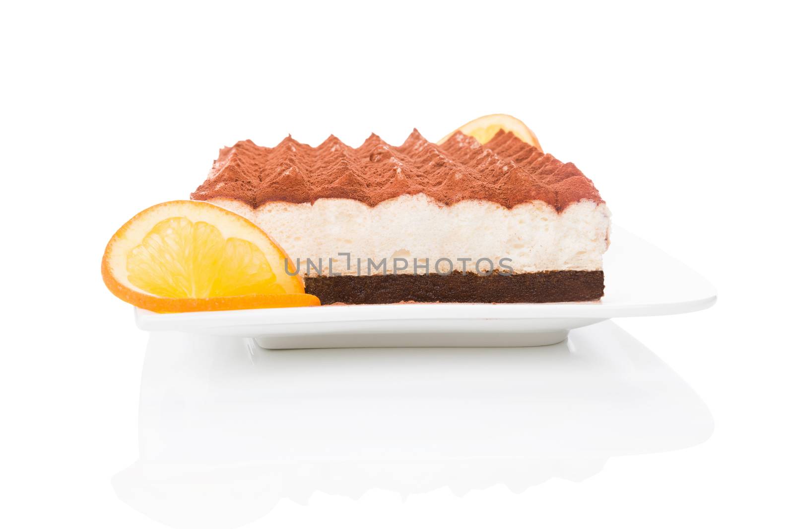 Delicious tiramisu dessert isolated on white background. Culinary traditional sweet dessert.