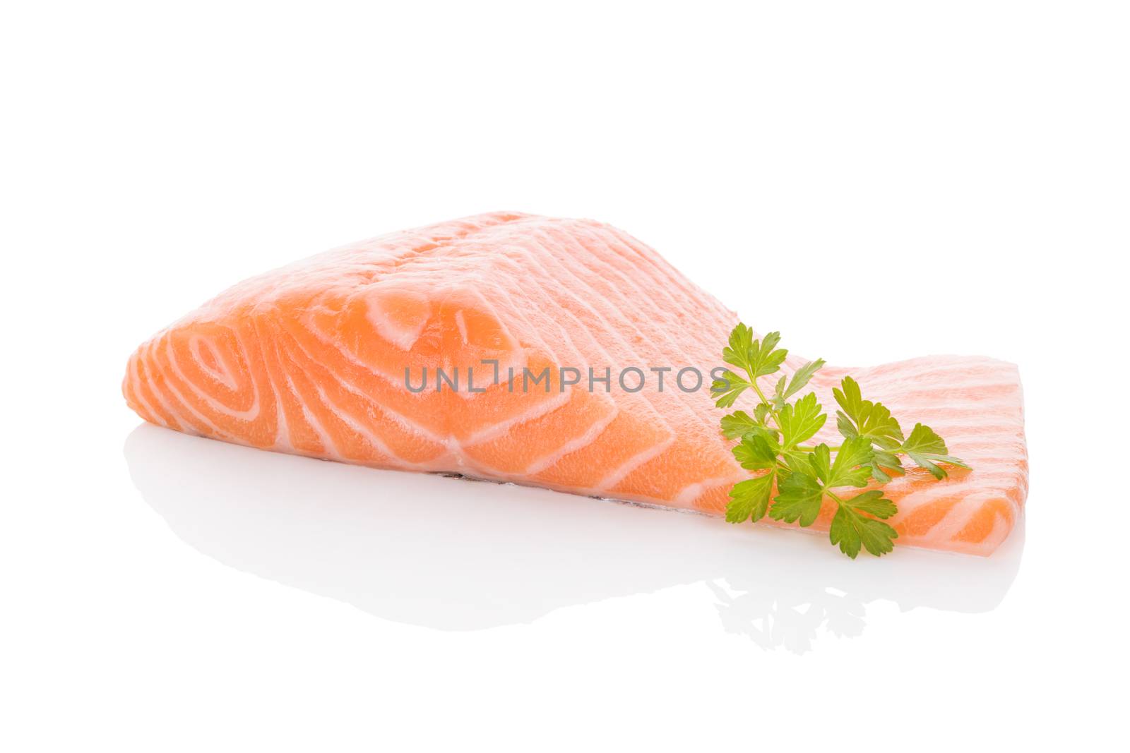 Raw salmon steak isolated on white background. Sashimi sushi. Luxurious healthy seafood eating. 