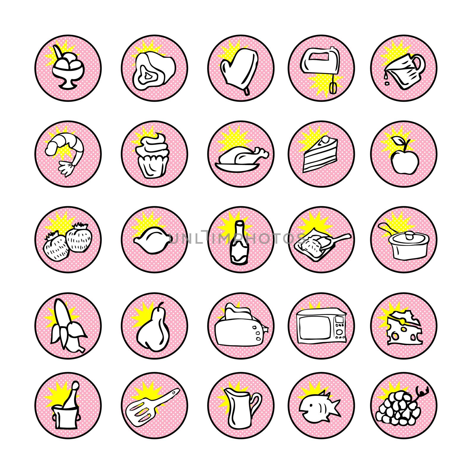 Food Icons and kitchen tools for cooking comic book style by IconsJewelry