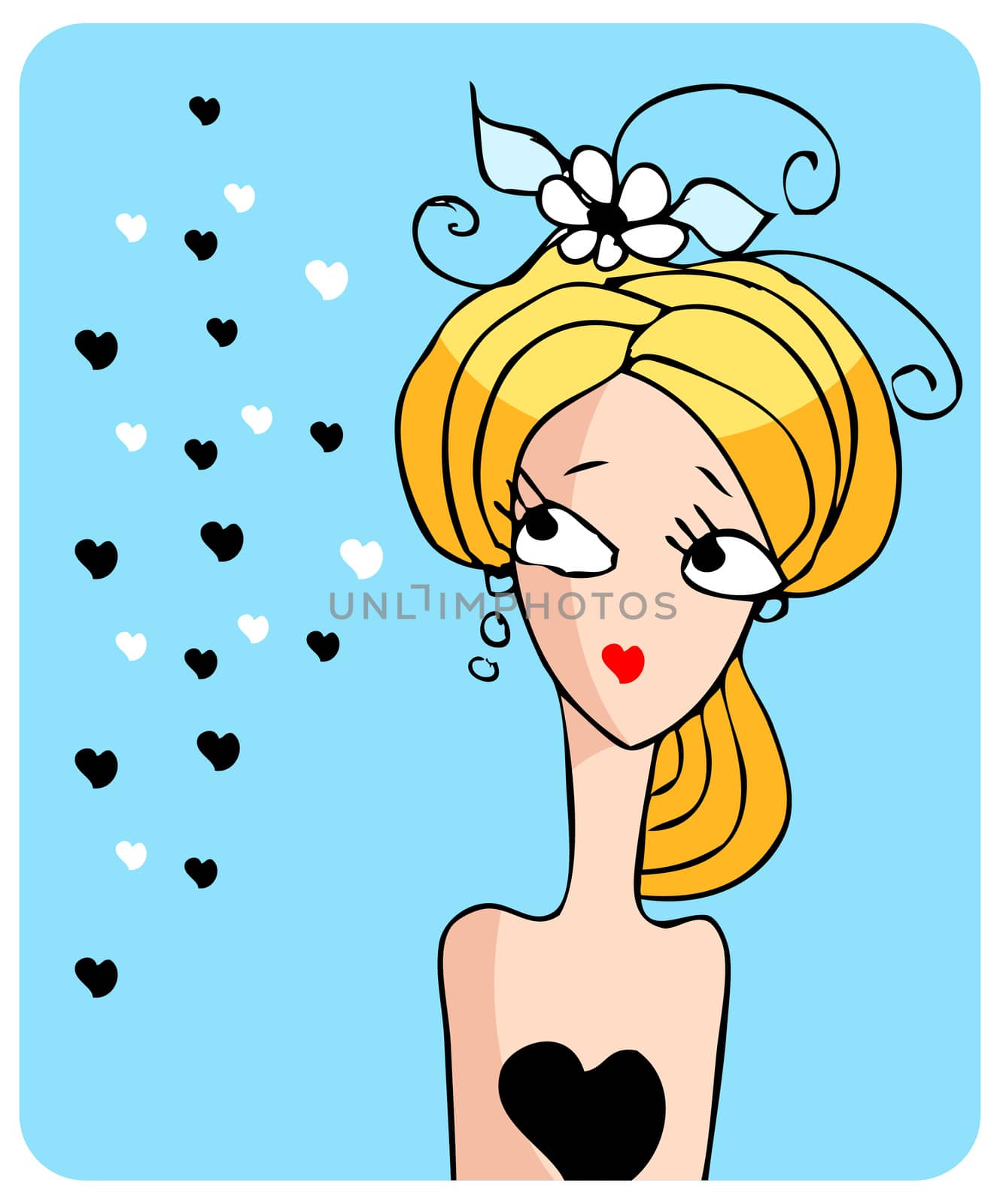 Cartoon woman face sad girl with flower and hearts doodley by IconsJewelry