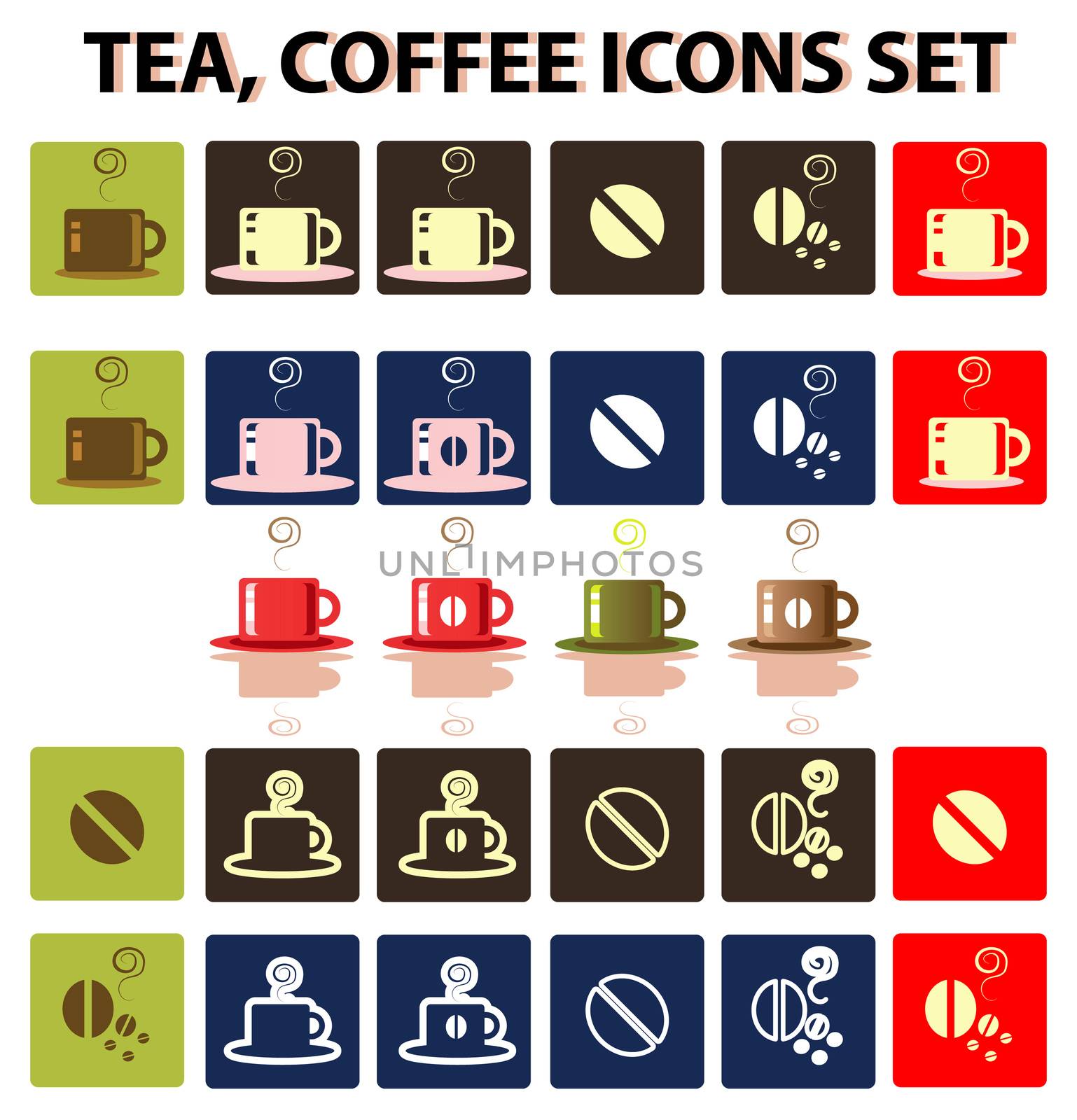 Vector cup of coffee, tea icons set, cafe design background, drink card, emblem