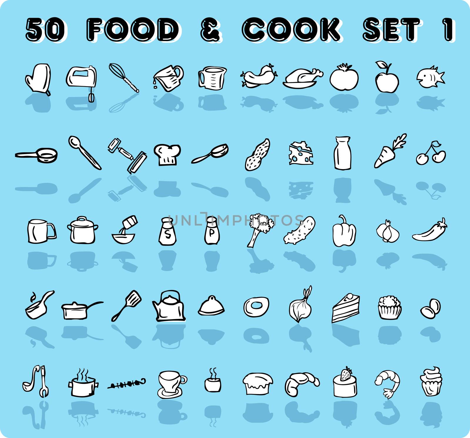 home icons 50 blue vector food & cook icons, emblem, tag set 1.  by IconsJewelry