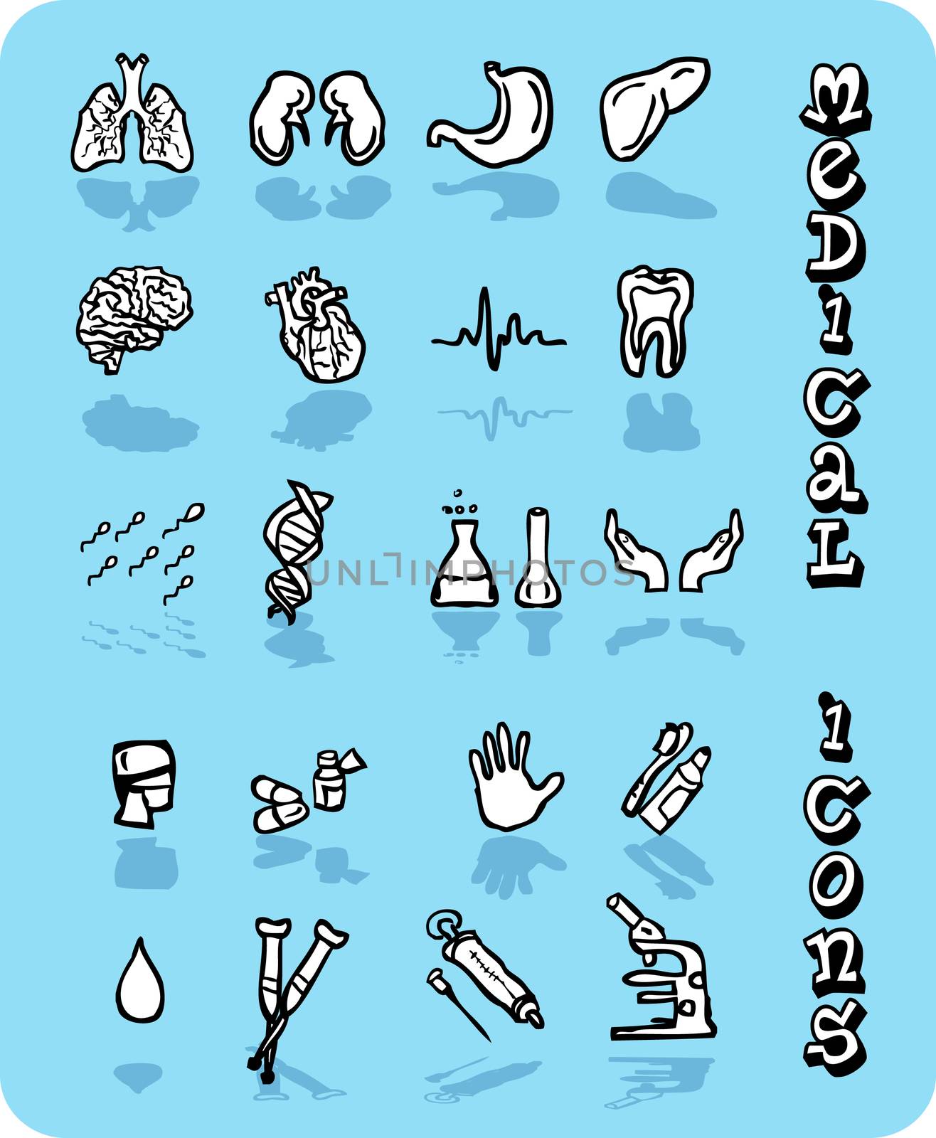 Vector medical icons, Black and white on blue background