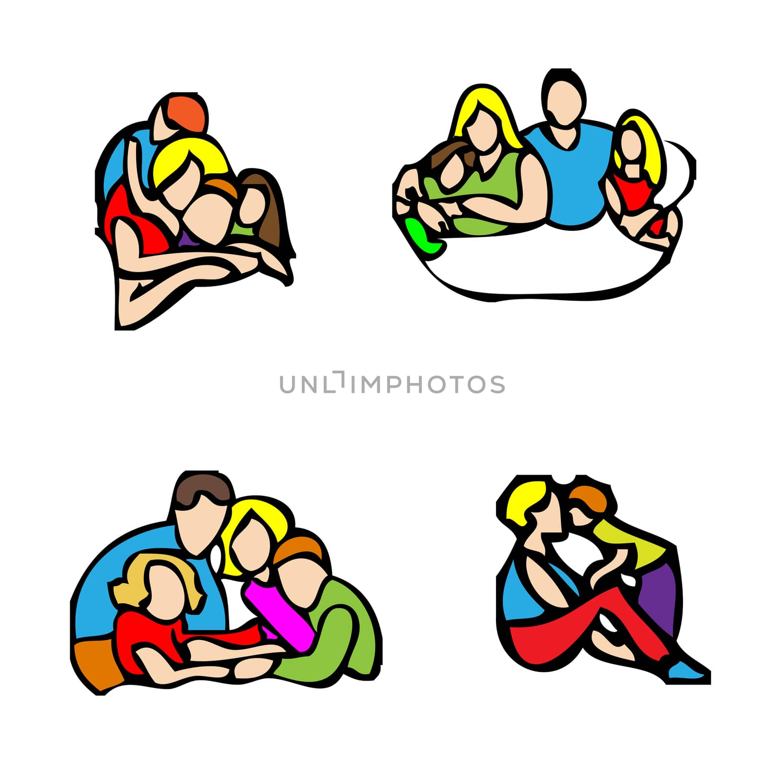 Happy family emblem, Casual icons of a healthy, attractive family taking a break and relaxing set 1
