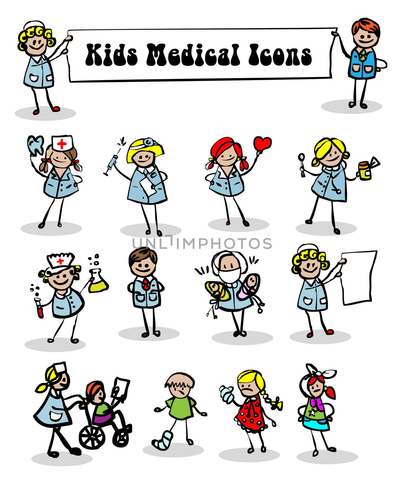 medical icons set,kids cartoon kids & medical staff, medical equipments and people vector