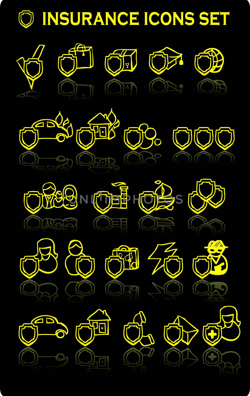 black background insurance icons set, all types, big vector art collection