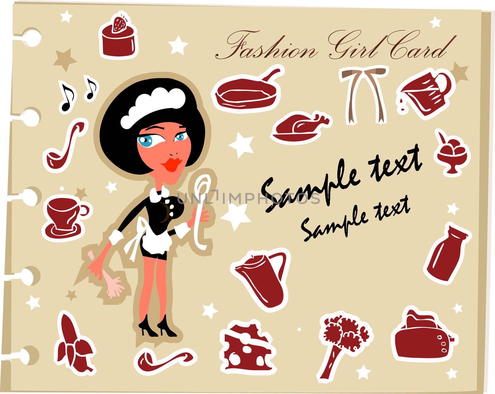 Fashion woman fake paper, glamour note, retro style background with cooking  female accessories icons set