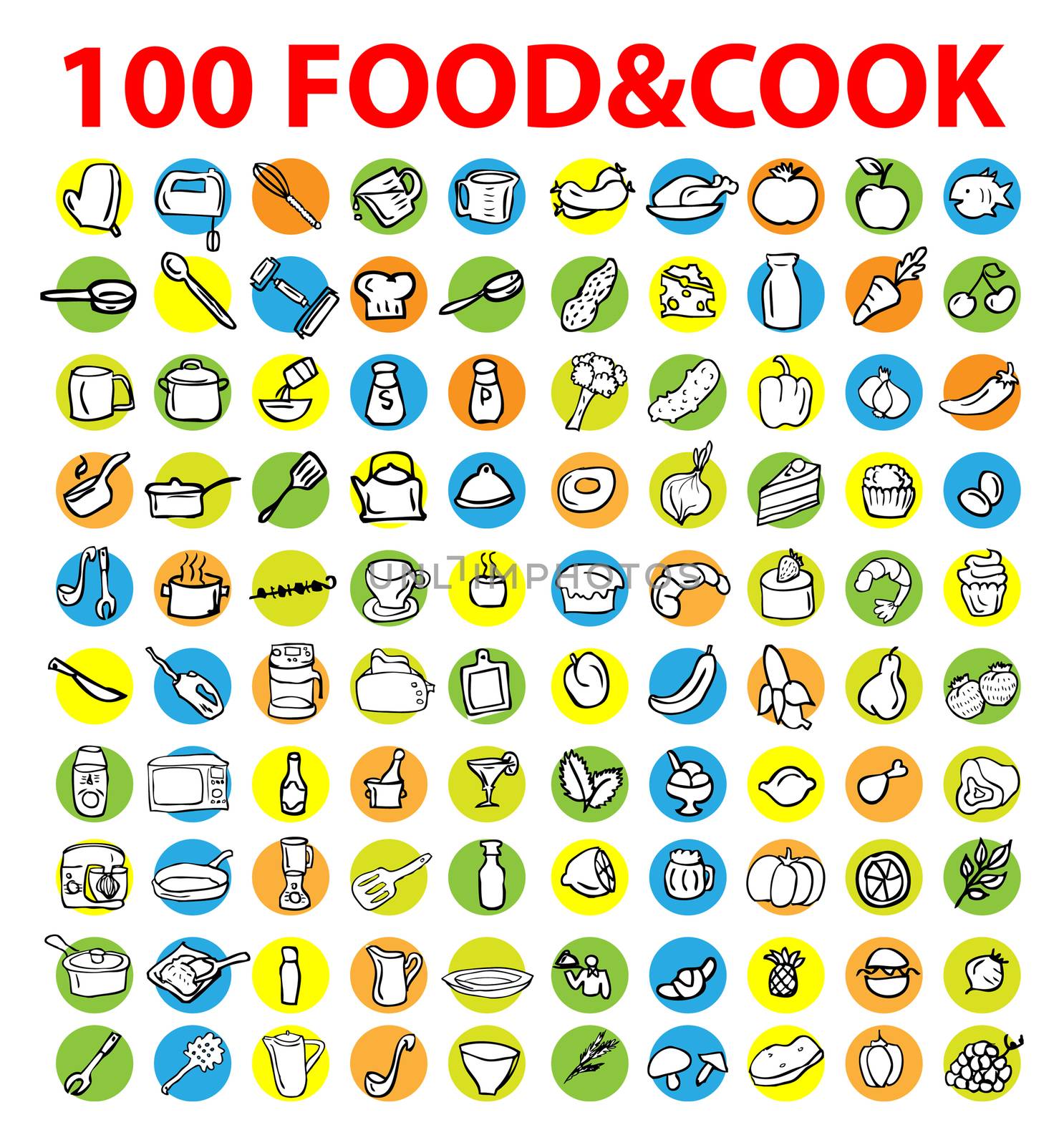 100 vector food & cook icons, emblem, tag set. background with d by IconsJewelry