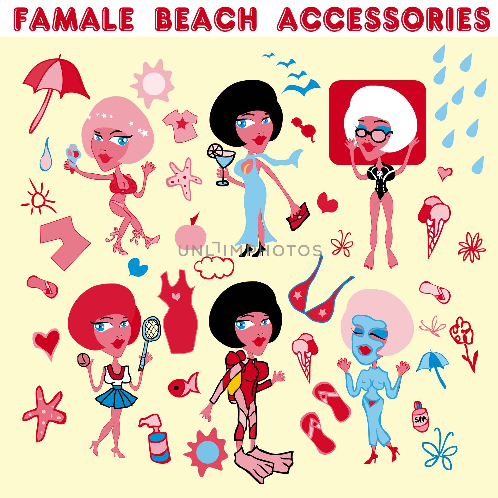 Female beach accessories icons.Woman vacation