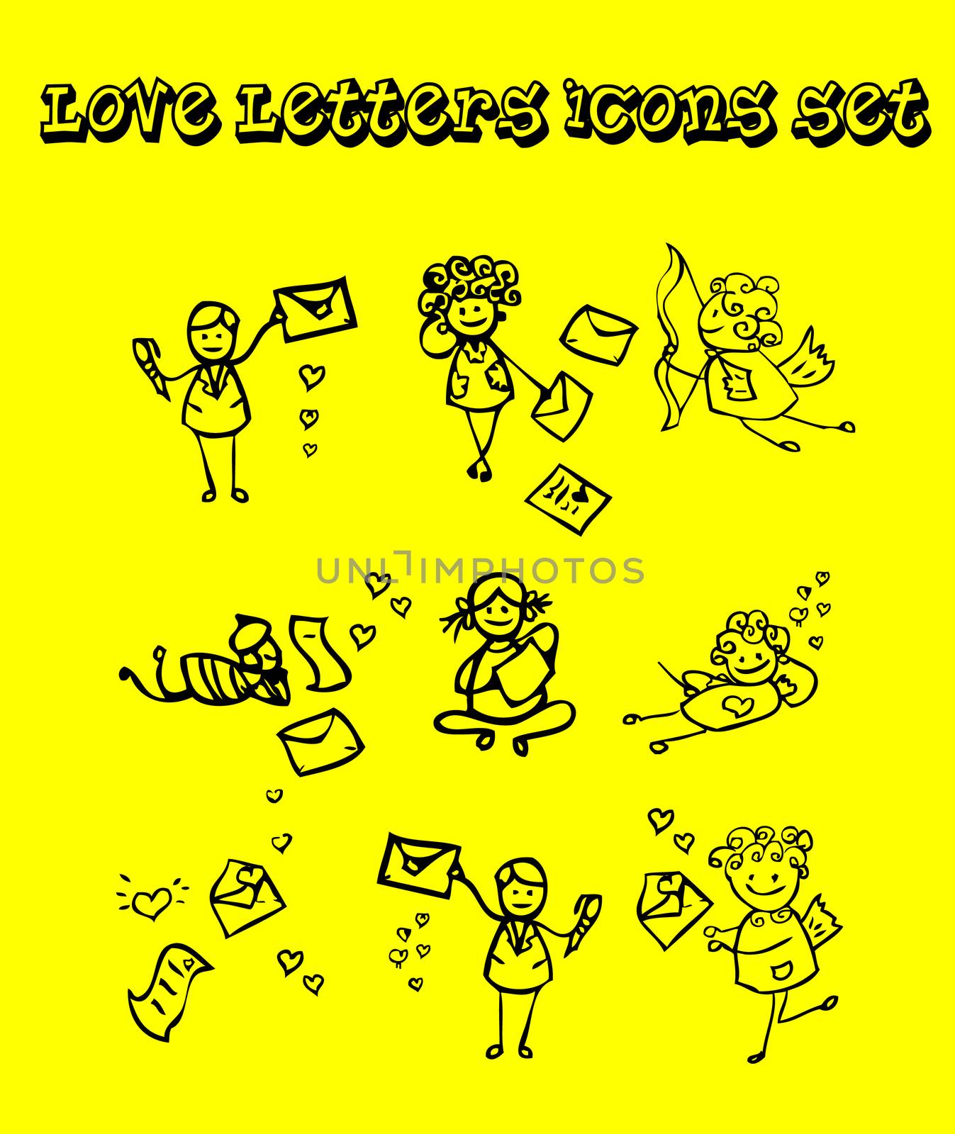 Letters of love icons set, tattoo design style, yellow background