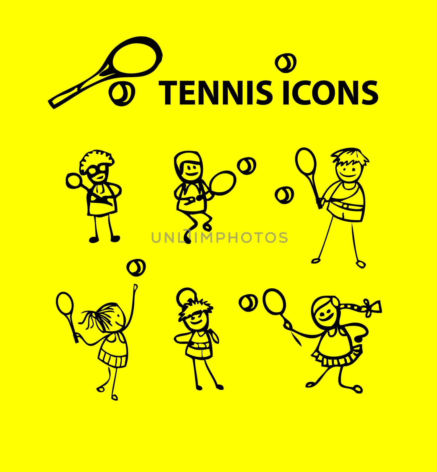 Tennis icons, yellow fake cartoon sport emblems