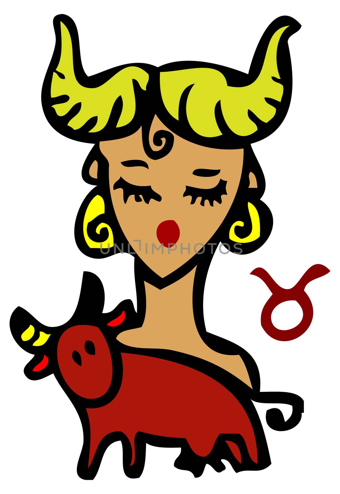 Zodiac signs, icons - taurus, Beauty Woman with cow, bull symbol by IconsJewelry