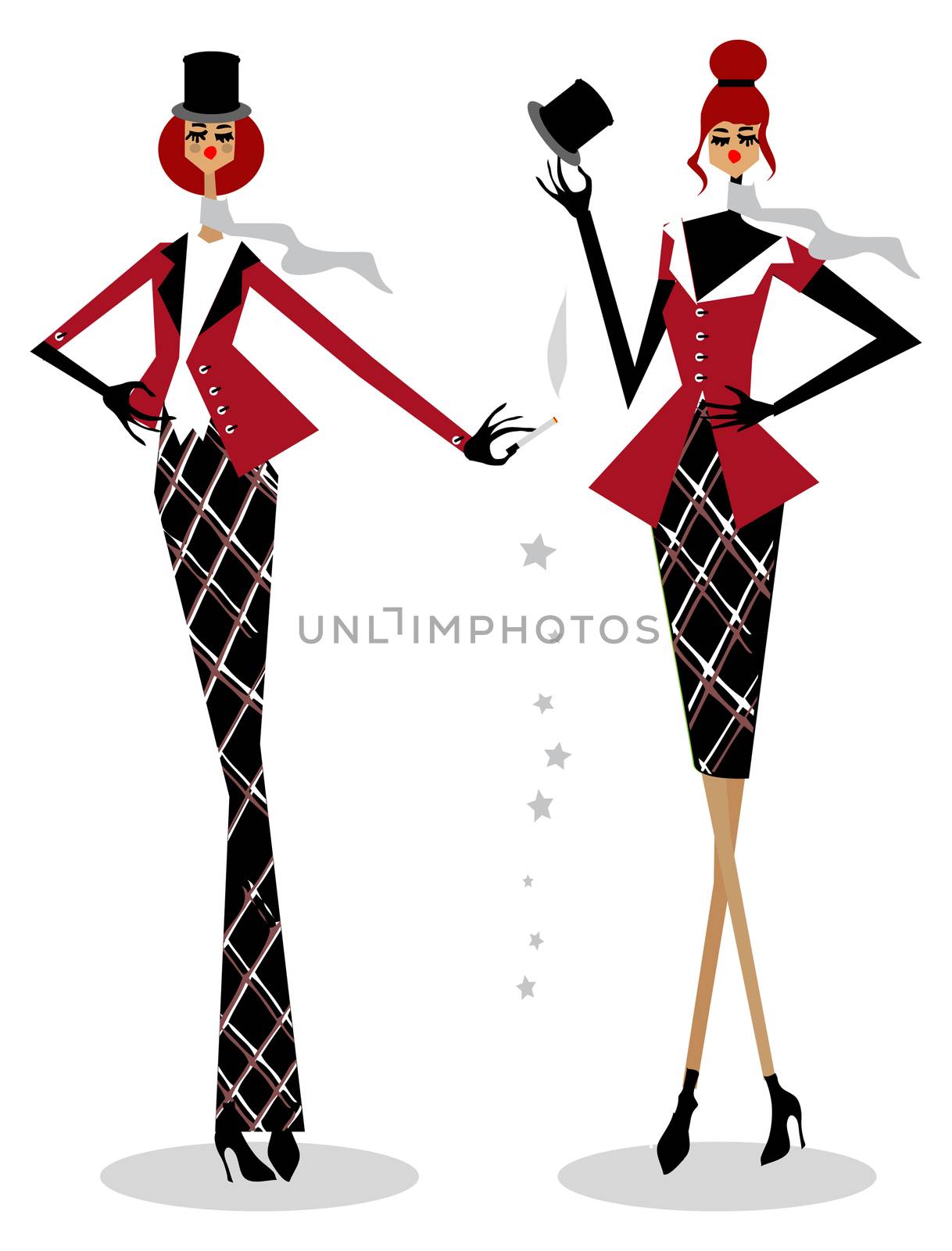 Glamour fashion woman, smoking young business woman in cartoon style on white background