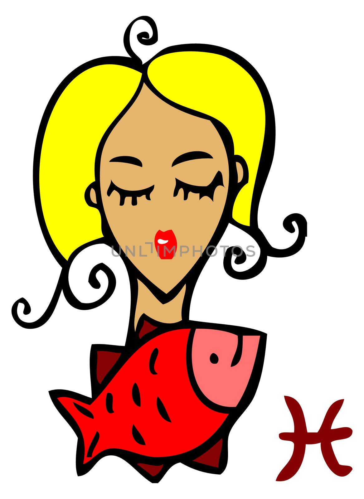 Zodiac signs, icons - pisces, Beauty Woman with fish symbol