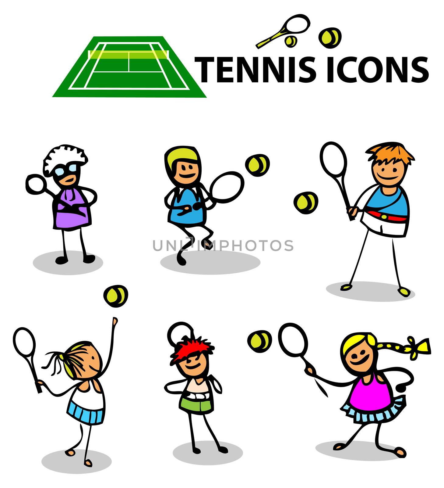 Tennis icons, fake cartoon sport emblems, vector illustration