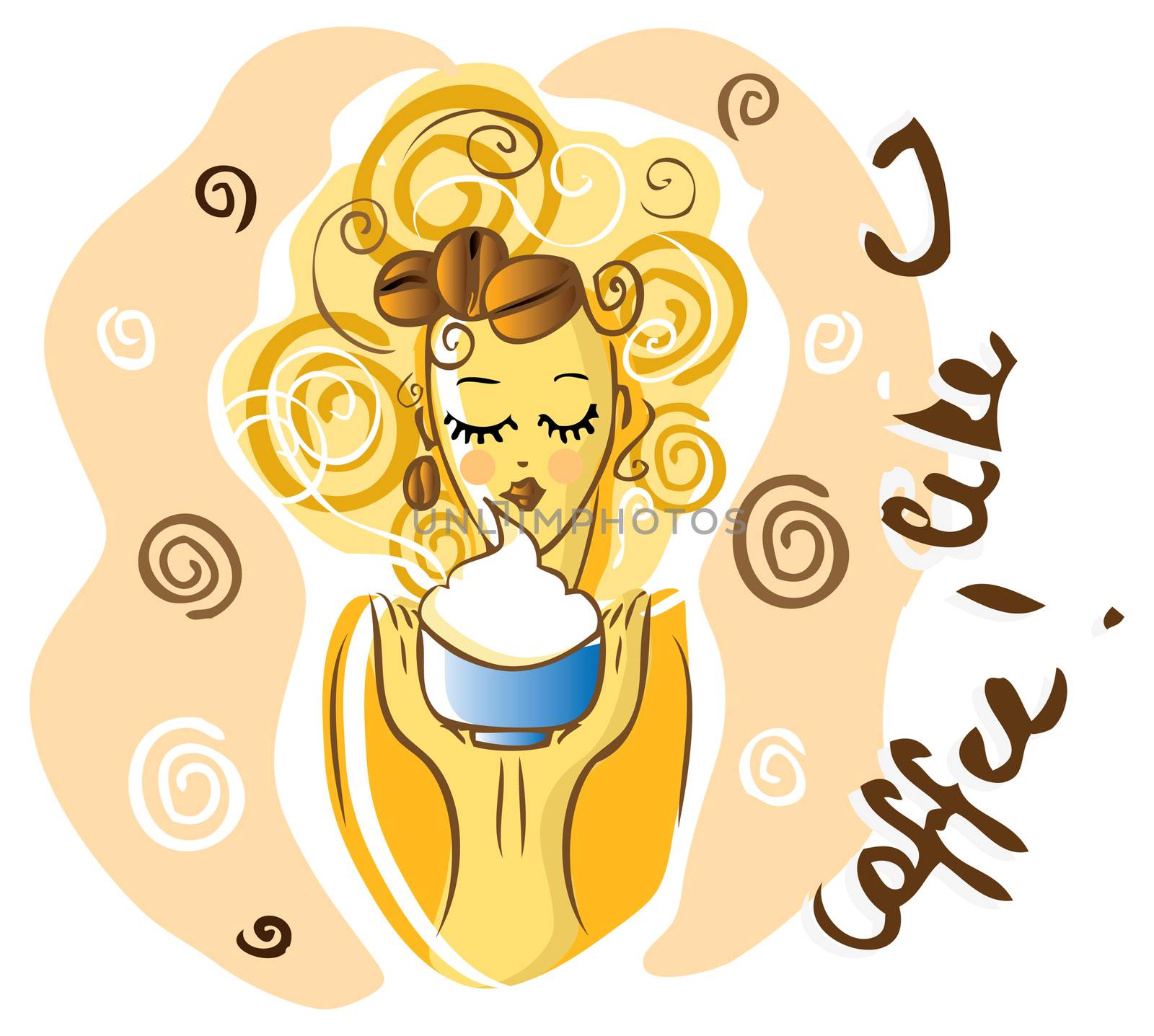 Coffee woman,  Beautiful young girl sipping coffee latte emblem, by IconsJewelry