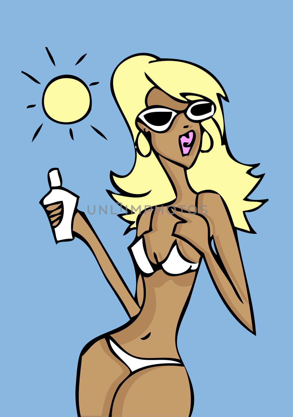 Blond woman on beach applying suntan lotion blue card background by IconsJewelry