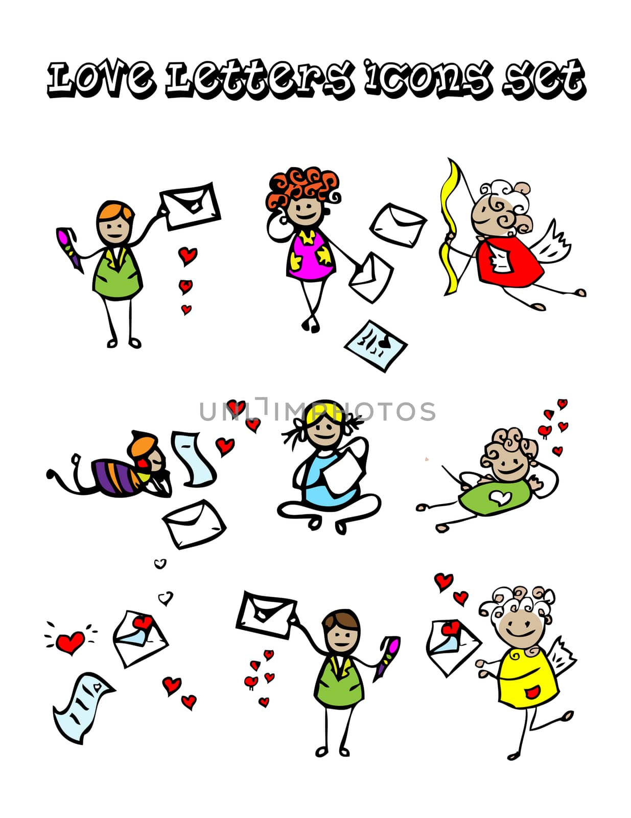 Letters of love icons set, kids design style, send message emblems