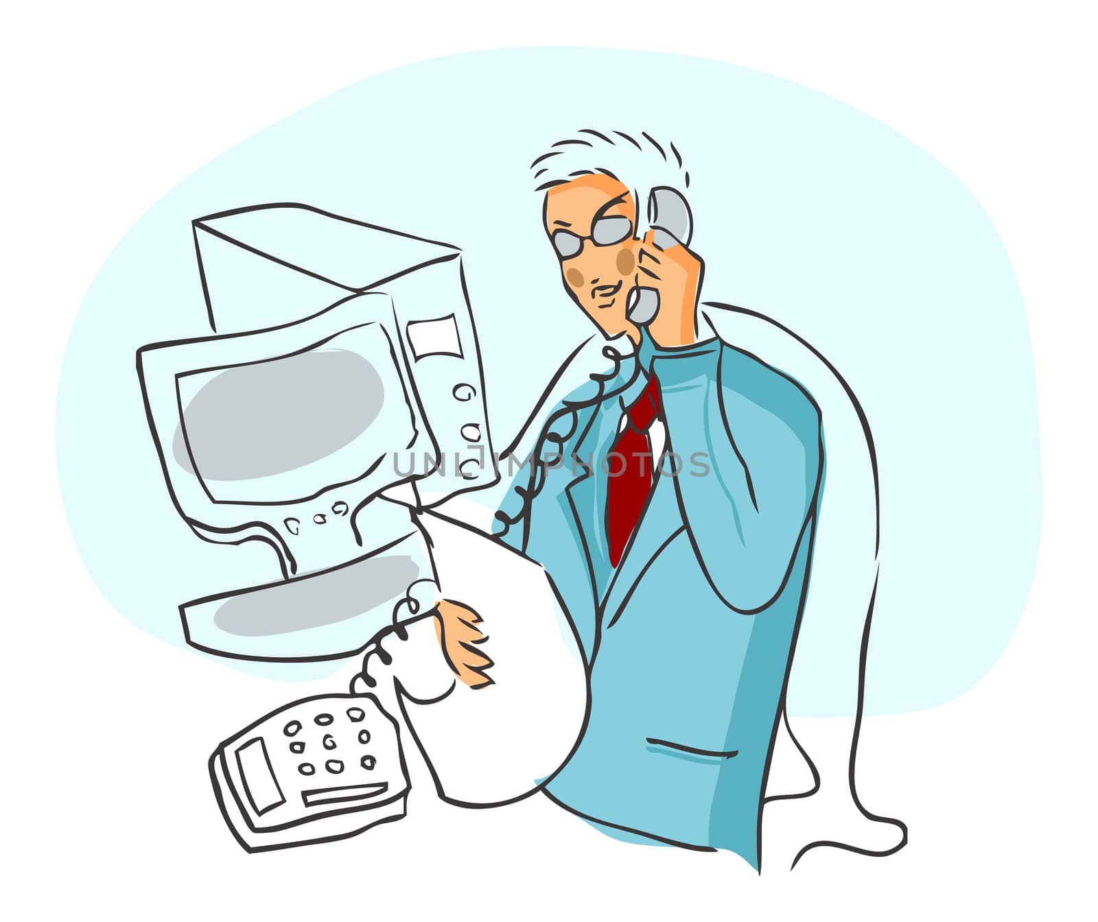 Young businessman talking by phone near computer with paper on hand, vector illustration