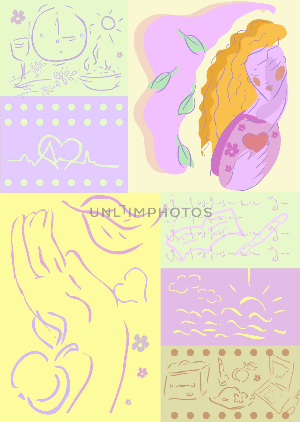 woman health background, medical, lifestyle illustration work, rest, food, care