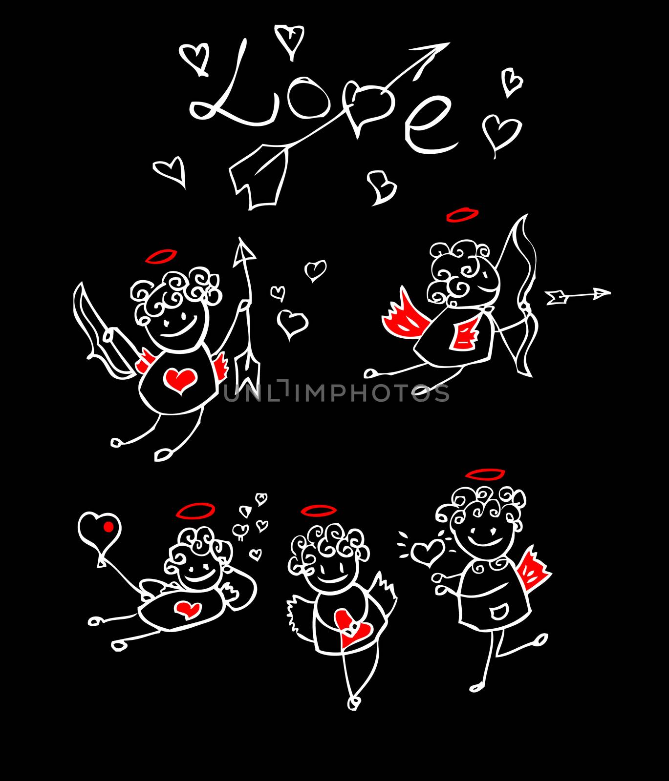 cartoon love, valentin's angel icon set, black background kids style card, design element