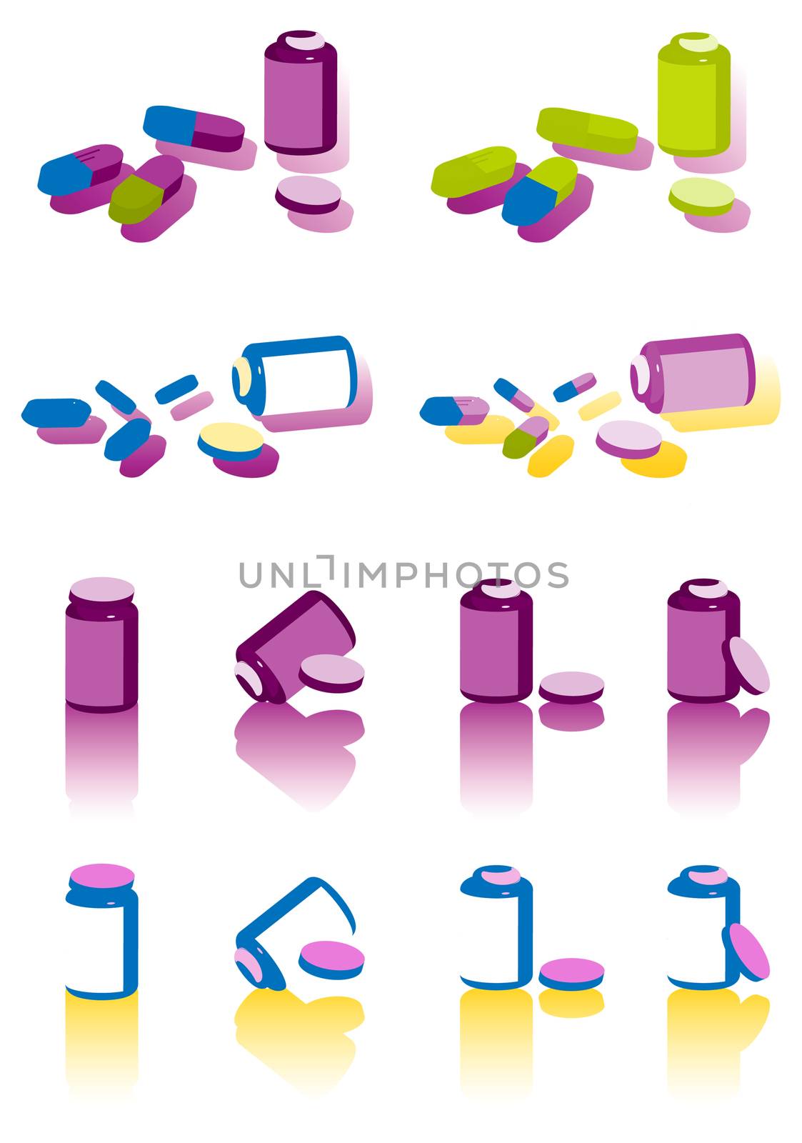 clolor pills on white background icons set, medical illustration