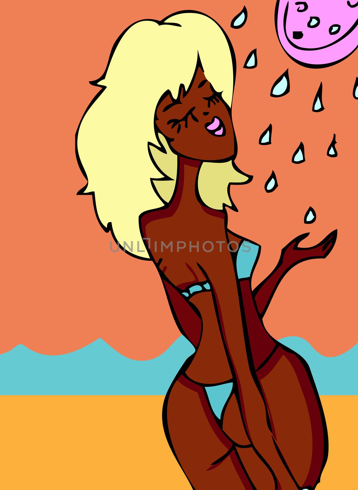 Cartoon woman on beach and water from shower, sea and shower by IconsJewelry